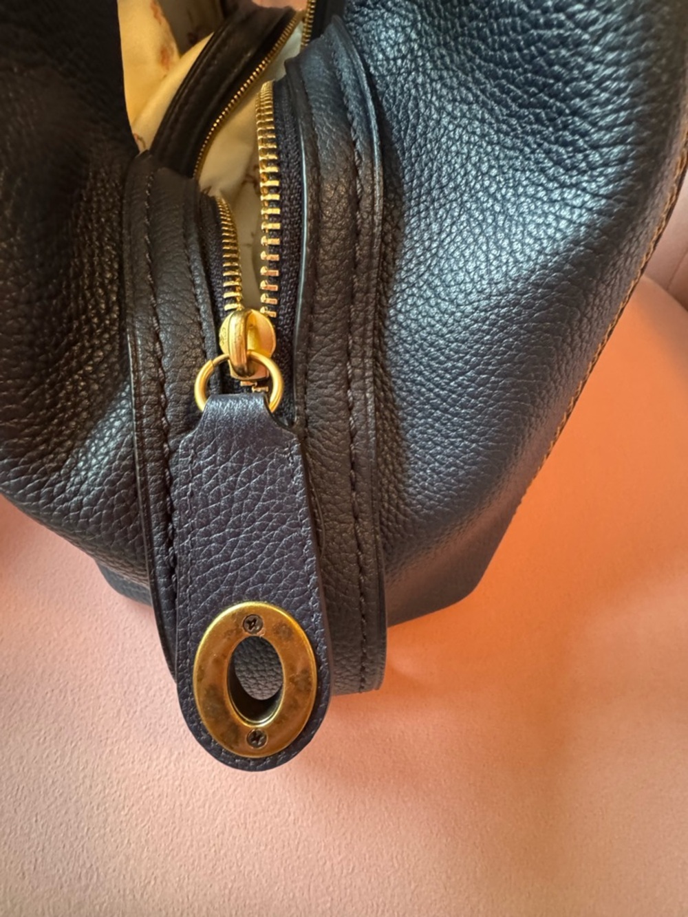 Coach Blue Denim Tote with Gold Logo and Navy and Tan Handles - Picture 6 of 10